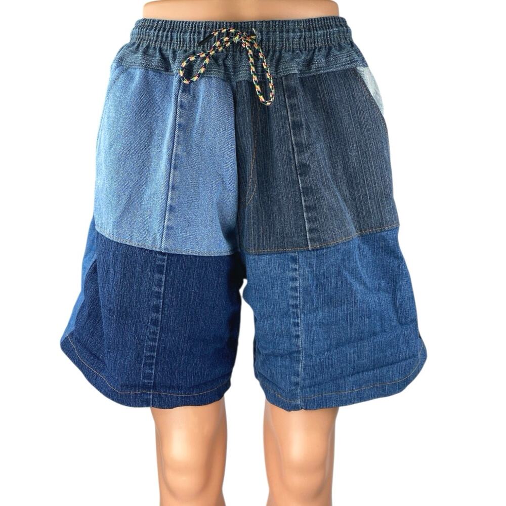 Women's Blue Patchworks Colorblock Elastic Waist Denim Jeans Bermuda Shorts Sz S
